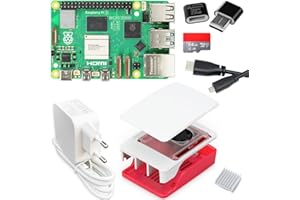 SMART-HOME-KOMPONENTE Raspberry Pi 5 4GB Starter-Kit | USB-C 45W Netzteil | Gehäuse mit Lüfter | 64GB SD Karte | 4K Micro HDMI Kabel | Rot - Weiß