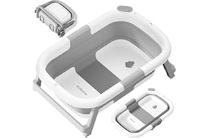 Kidiyana Baby Badewanne faltbar mit Gestell, stabil und rutschfest, platzsparend klappbar, mit Ablauf, PP & TPE, 30L, Babywanne kompakt tragbar, faltwanne, 0–3 Jahre
