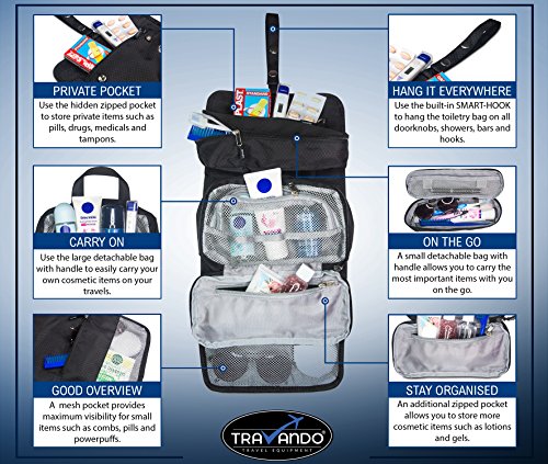 Travando ® Premium Kulturbeutel zum Aufhängen | Kulturtasche mit extra vielen Fächern für Damen und Herren | Waschtasche | Beauty Case | Kosmetiktasche | Waschbeutel | Reise Toilettentasche - 3