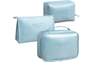 Veki Kulturbeutel 3 Stück Satz Kulturtasche, Pu Leder Große Kosmetiktasche Tasche Veranstalter für Frauen und Mädchen Tragbare wasserdichte Reise Kosmetiktaschen Beutel (Blaues Leder)