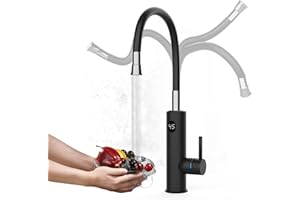 ESOP Wasserhahn mit Durchlauferhitzer Küche, 3200W Elektrischer Wasserhähne Sofort Heißes Küchenarmatur mit Flexibler Auslauf und LCD Temperaturanzeige, 360º Drehung Schnellheizungshahn Armatur, Schwarz