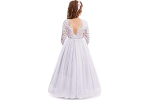 IWEMEK Cils Dos Nu V-Back Dentelle Tulle Maxi Robe Manche Longue Fille Mariage Honneur Robes de Bal Ceremonie Première Communion Soirée Anniversaire Fête Robes pour Enfants