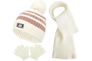 JFAN Cappello a Maglia Bambini Invernale Sciarpa Guanti Set 3in1 Morbida Beanie Lavorato con Adorabile Pompon Bambini Cappello Invernali Calda Carina Berretti in Ciniglia 1-5 Anni