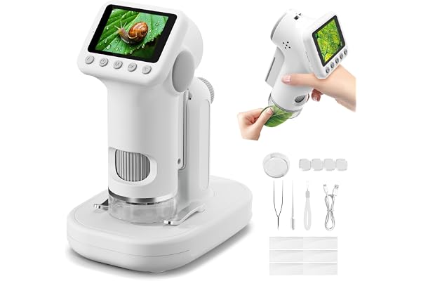 HEWEIMEI 1600X Microscope Enfant, 4K 2,0" Écran Portable Microscope de Poche, avec Kits Scientifiques, Jouets Sciences Éducatives, Cadeaux de Noël pour Enfants Élèves de 3 à 12 Ans (Blanc)