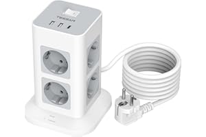 ‎TESSAN TESSAN Wieżowa listwa zasilająca z 8 gniazdami, 2 portami USB A i 1 USB C, ochrona przeciwprzepięciowa, listwa sieciowa z przełącznikiem i 2m kabel, 3600W, szaro biały