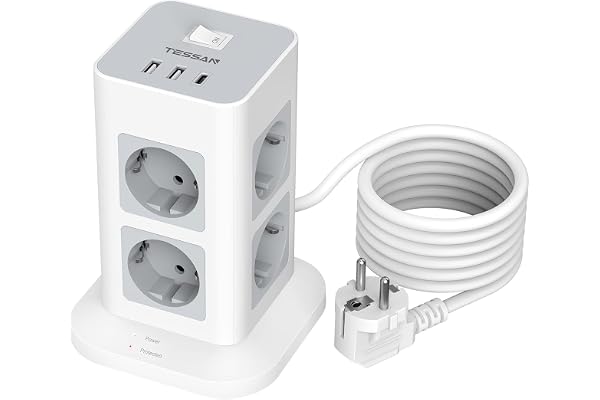 TESSAN 11 en 1 Multiprise avec Interrupteur, Prise Multiple 8 Sorties AC avec 3 USB, Parafoudre et Surtension avec Rallonge Electrique 2M, 3600W Tour Multiprise pour Maison, Bureau, Gris