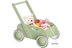 ITSLIFE Wooden Walker, Baby Walker for Boys and Girls, Toddler Push & Pull First Walking Toy, Wooden Pram, Baby Walker with Wheels, Gift for Birthday Christmas, Green
