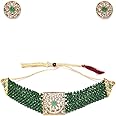 ZAVERI PEARLS Green Crystal Beads & Kundan Choker Necklace & Earring Set For Women-ZPFK9562