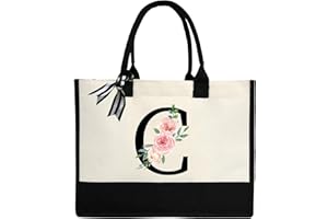ZHONYEE Personalized Initial Canvas Tote Bag for Women,Monogrammed Gift Tote Bag Waterproof Lining Inside for Wedding, Birthday, Holiday, Teacher
