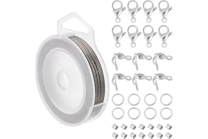 BENECREAT Fil perlé 7 brins de 160m en acier inoxydable 0.5mm avec 200 perles à sertir, 100 pointes de perles, 30 fermoirs à pinces de homard et 200 anneaux de saut pour la fabrication de bijoux.