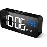 HOMVILLA Roupillon Digital Alarm Clock with Large LED Temperature Display, Portable Mirror Alarm with Dual Alarm Time Brightn
