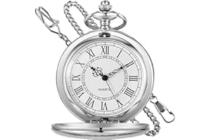 Tiong Classic Smooth Steel Quartz Pocket Watch with Chain Roman Numerals Men Women Pocket Watches Pendant Fathers Day Birthday Gift