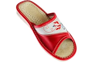 APREGGIO Kapcie Damskie Skórzane z Kwiatowym Wzorem, Antypoślizgowa Gumowa Podeszwa, Rozmiary 36–41 – Wygodne Pantofle Domowe