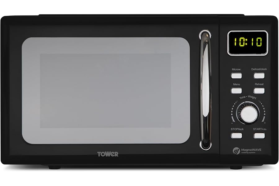 Tower Digital Microwave with Sleek Mirror Door, 800W, 20L, Black & Chrome, T24041BLK