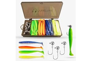 LURELUXE Boite de Leurres de Pêche pour Carnassier - Leurre Souple 9cm 40 pièces, Hameçon tête Plombée 5grs 10 pièces, Pêche pour Brochet, Sandre, Perche, Silure, Bar
