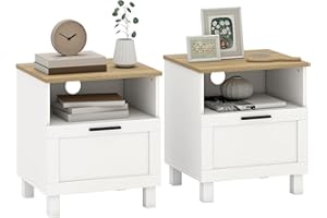 HOMCOM Juego de 2 Mesitas de Noche Modernas, Mesillas de Noche con Cajón, Compartimento Abierto, Patas de Madera, Mesa Auxiliar para Salón, Dormitorio, 45x38x50 cm, Blanco