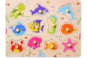 HUADADA Wooden Puzzles for 3 Year Old Montessori Preschool Toys for baby & Toddlers, Early Education Games-Wooden Toy 3+ Gift for Boy or Girl. (Marine animals)