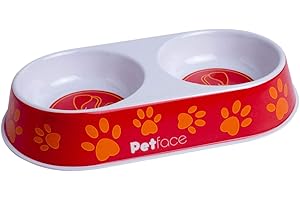 Petface Melamine Double Cat Food and Water Bowl, Dual Feeding & Watering Station, Orange & Red Paw Print Pattern