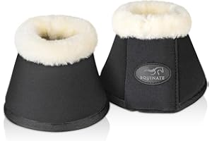 Equinate Hufglocken Furlyn mit synthetischem Lammfell L Schwarz - Robuste und stoßdämpfende Neopren Springglocken - Hufschutz für Training und Turniere - 2er Set