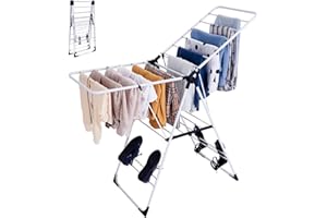COSTWAY Folding Clothes Drying Rack, 2-Level Winged Clothes Airer Dryer Hanger with Height-Adjustable Gullwing and Shoe Holder, Freestanding Steel Laundry Rack Stand for Indoor Outdoor Use