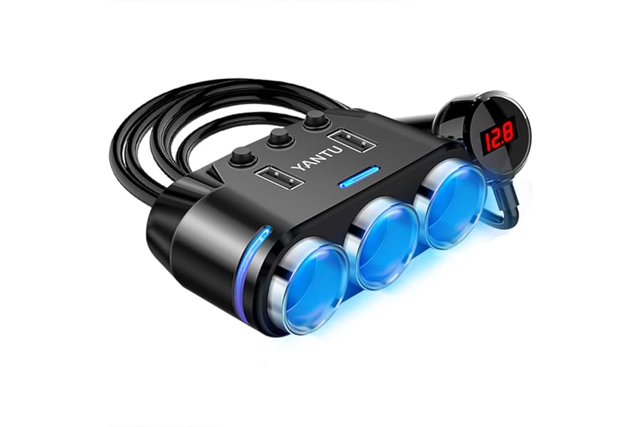 YANTU 150W Car Cigarette Lighter Multi Socket, Cigarette Lighter Splitter With 12V USB Socket, Cigarette Lighter Adapter With Double/Dual Plug/Port & Extension Lead for all Car Devices