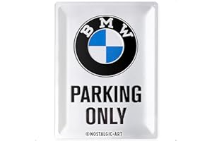 Nostalgic-Art Tabliczka blaszana retro, 30 x 40 cm, oficjalny produkt licencyjny (OLP), BMW Parking Only White – pomysł na prezent dla fanów akcesoriów samochodowych, metalowa tabliczka, design