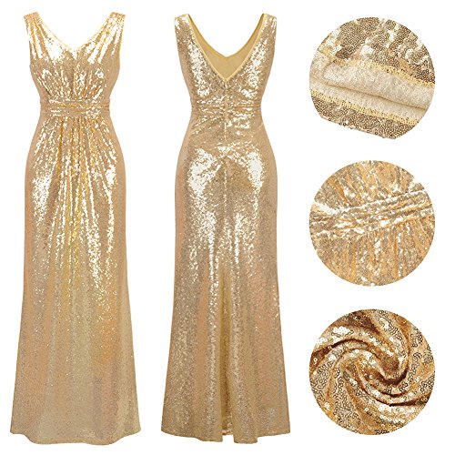 Frauen V-Ausschnitt Warp Kleid Night Out Kleid Partei lange Pailletten Kleid Gold M - 6