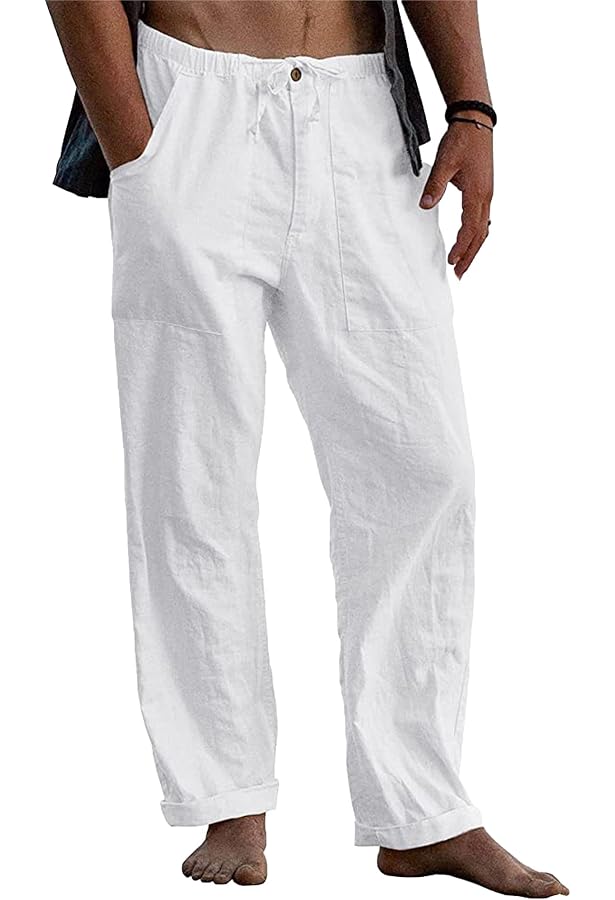 Short Homme Coton-lin - Taille élastique Avec Lacets, Pour Sport, Plage, Fitness (couleur Unie, Coupe Décontractée)