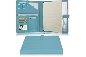 Wonderpool Cartera de cuero PU A4 para documentos carpeta de anillas portapapeles extraíble con múltiples bolsillos y bloc de rayas legal para organizadores conferencias entrevistas (Cielo azul)