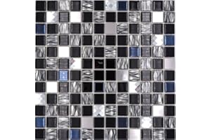 MOSANI selbst­kle­bende Glasmosaik Mosaikfliese Edelstahl schwarz Küchenrückwand MOS200-4CM26