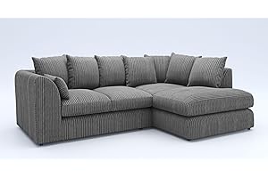 GAMZO OUTLET New Gamzo Fabric Corner Sofa Firm | Soft Jumbo Cord 3-4-5 Seater Corner Sofa Left/Right Hand Facing) (Charcoal Grey, Right Hand Facing)