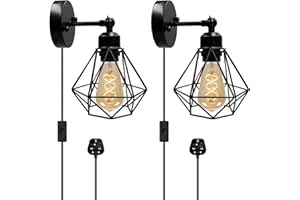 WEEVDRIE Industrial Plug in Wall Light, 2 Pack Vintage Wall Lamp, Wire Cage Wall Sconces with 71in Cable, 240°Adjustable Black Wall Light Indoor, E27 Lamp Holder that Can Add Lampshade for Bar Hotel Bedroom