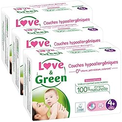 Love & Green - Couches Bébé Hypoallergéniques 0% - Taille 4+ (9-20 kg) - Lot de 3 x 42 couches (126 couches)