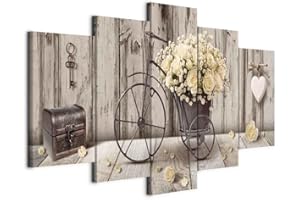 murando - Tableau décoratif 150x75 cm - Impression sur toile colorée - Décoration murale pour salon et chambre - Vert blanc marron - Bouquet bois fleurs vélo cœurs ancien n-C-0291-b-m