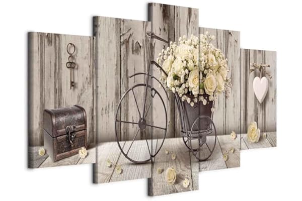 murando - Tableau décoratif 200x100 cm - Impression sur toile colorée - Décoration murale pour salon et chambre - Vert blanc marron - Bouquet bois fleurs vélo cœurs ancien n-C-0291-b-m