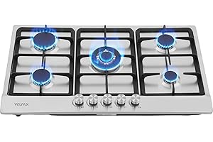 VELPAX Piano Cottura a Gas, 5 Fuochi Piano Cottura a Gas in Acciaio, con Protezione Automatica Della Fiamma, Griglie in Ghisa, GPL/Gas naturale