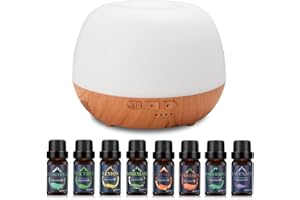 GMSYSW Diffusore di Oli Essenziali 500ml, Diffusore di Aromi Umidificatore da con Set di 8 Oli Essenziali Puri, 7 Colori LED e 4 Timer, Aromaterapia Diffusori per Casa