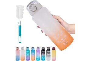 VARKDA Bouteille 1l, Gourde de sport-[BPA-free Tritan], 1000ml Gourde de motivation avec paille et horodateur - Gourde anti-fuite pour le vélo, le camping, la gym (Blanc/Orange)