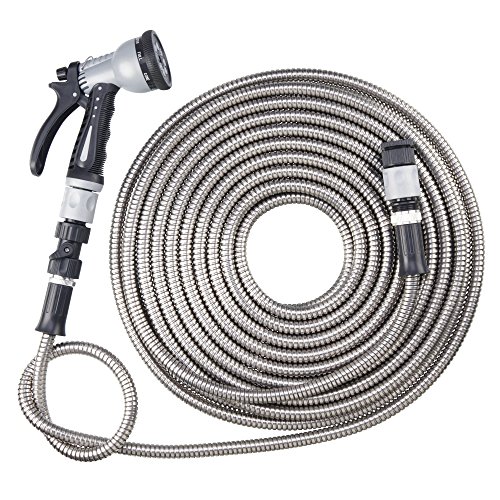 Garden Gear Manguera Fácil Acero Inoxidable Jardín Agua Manguera A Prueba de Oxido y Sin Enredos con la Boquilla de Aspersión Manual (50ft)