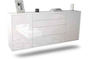 ‎DEKATI Dekati Sideboard Bridgeport hängend (180x77x35cm) Korpus Weiss matt - Front Hochglanz Weiß - Push to Open - Leichtlaufschienen