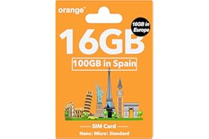SAFFRUFF Orange Europe Prepaid-SIM-Karte – 16 GB Internetdaten in 4G/LTE + 800 Minuten Anruf in Europa, 100 GB + 800 Minuten Anruf in Spanien, Europa-SIM-Karte für 28 Tage, unterstützter Hotspot, 3-in-1-SIM