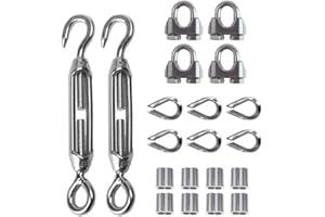 TooTaci 3mm Drahtseil Spanner Set,3mm Seilspanner Edelstahl Set,M6 Drahtspanner Spannschloss,3mm Drahtseilklemmen,Crimpschlaufe,Kauschen,für Zaunspanner,Rankhilfe Seil,Vorhang Seilspannsystem Spanner