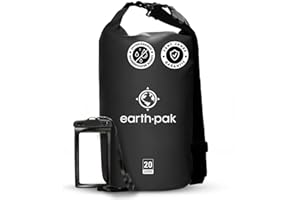 ‎EARTH PAK Earth Pak – Wasserdichter Packsack mit Schultergurt und wasserfester Handyhülle – Ideale Rolltop Tasche beim Kajak Fahren, Wandern, Camping, Angeln, Bootfahren und Rafting (Schwarz, 20L)