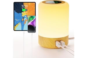 Taipow Bedside Table Lamp with 4 USB Charging Port, 3 Light Modes & 8 Colors, Brightness Adjustable Desk Lamp for Reading Working Sleeping, Touch Night Light Lamps for Bedrooms, Office - Wood Color