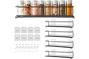 GEEDIAR Spice Racks Organiser - 4 Tier Hanging Stainless Steel Wall Mounted with Adhensive Stickder & Screws - Kitchen & Pantry Shelf for Condiments, Spice Jars (Black)