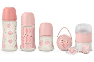Suavinex, Set Premium Recién Nacido. Biberones de 150 ml/270 ml/360 ml + Chupete 0-6 Meses con Tetina Fisilógica SX Pro + Dosificador de Leche + Portachupetes Duo + Broche Pinza. Rosa