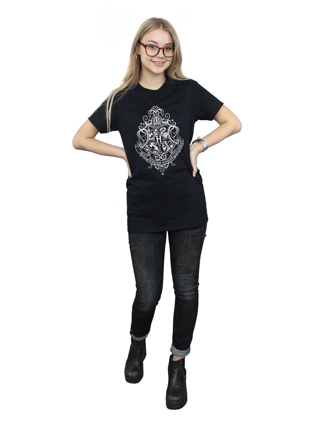 Absolute-Cult-Harry-Potter-Damen-Hogwarts-Draco-Dormiens-Crest-Boyfriend-Fit-T-Shirt-Schwarz-XX-Large