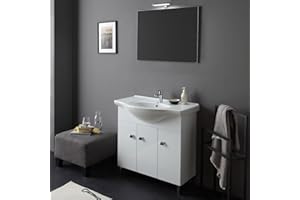 Kiamami Valentina - Mobile bagno a terra da 85cm in bianco lucido specchio e lampada Smeraldo