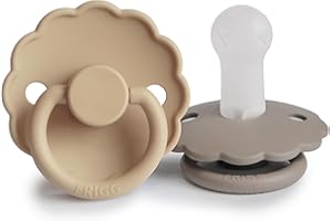 FRIGG Daisy Silikonowy smoczek, 2 sztuki, symetryczny smoczek w kształcie wiśni, nie zawiera BPA, wyprodukowano w Danii, silikonowy smoczek (portobello/rogalik, rozmiar 2 (6-18 miesięcy))