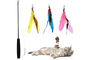 JIUHAO Cat Feather Toys & Wand - Interactive Flirt Pole & Retractable Teaser for Indoor Cats & Kittens - 3 Refill Pack